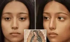 Portret młodej kobiety o śniadej cerze i ciemnych oczach, obok wizerunek Matki Boskiej.