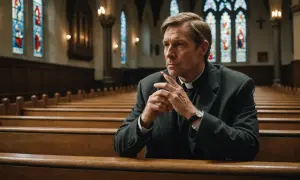 Duchowny w sutannie siedzi w kościele, trzymając papierosa między palcami.