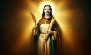 Święta Emilia w habicie z gałązką i zwojem, otoczona złotym blaskiem.