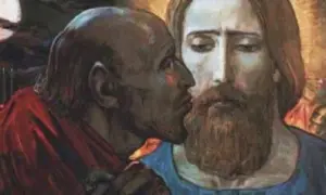 Judasz całuje Jezusa, w tle żołnierze i księżyc.