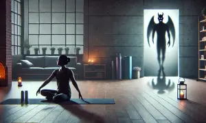 Kobieta medytuje na macie, a w tle widoczny jest cień demona.