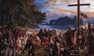Obraz przedstawia chrzest Mieszka I nad rzeką, z krzyżem i tłumem ludzi.
