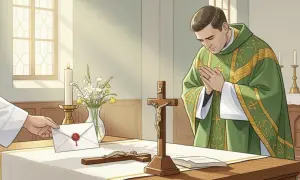 Ksiądz w zielonej szacie modli się przy ołtarzu, a ręka podaje mu kopertę.