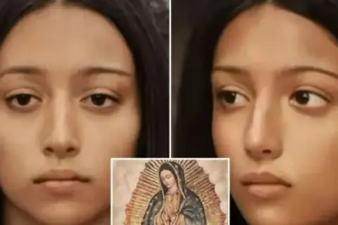 Portret młodej kobiety o śniadej cerze i ciemnych oczach, obok wizerunek Matki Boskiej.