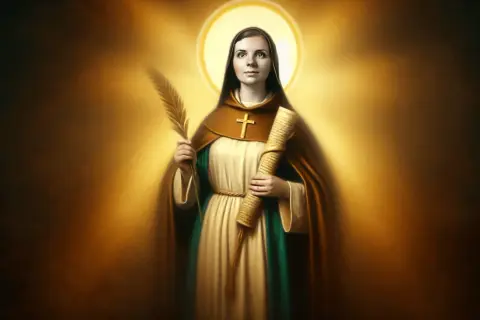 Święta Emilia w habicie z gałązką i zwojem, otoczona złotym blaskiem.