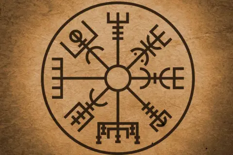 Runiczny kompas Vegvísir na brązowym tle.