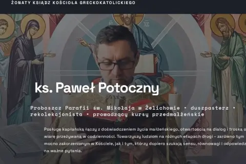 Ksiądz Paweł Potoczny w szatach liturgicznych, na tle ikonografii religijnej.