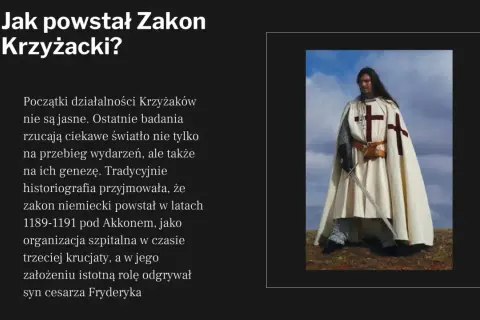 Rycerz w białym płaszczu z krzyżem i mieczem.