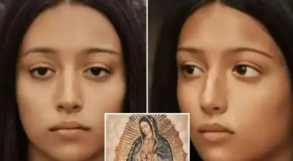 Portret młodej kobiety o śniadej cerze i ciemnych oczach, obok wizerunek Matki Boskiej.