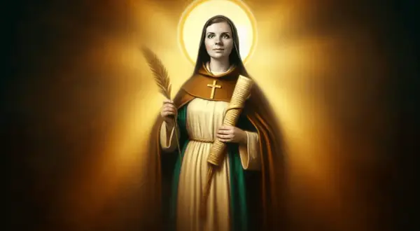 Święta Emilia w habicie z gałązką i zwojem, otoczona złotym blaskiem.