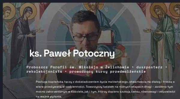 Ksiądz Paweł Potoczny w szatach liturgicznych, na tle ikonografii religijnej.