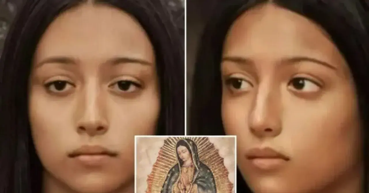 Portret młodej kobiety o śniadej cerze i ciemnych oczach, obok wizerunek Matki Boskiej.