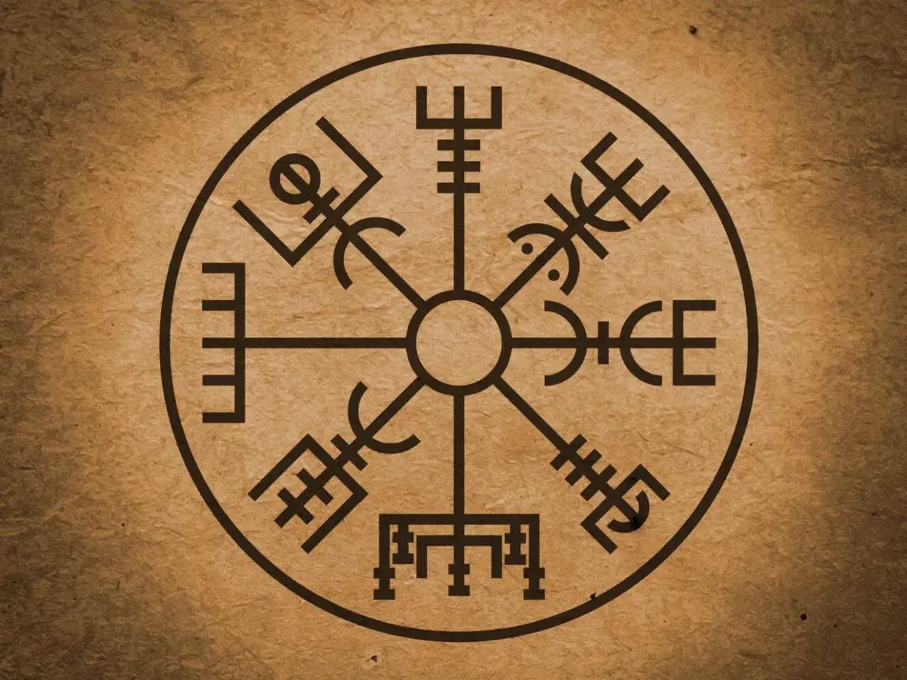 Runiczny kompas Vegvísir na brązowym tle.