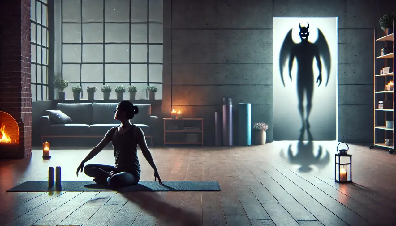 Kobieta medytuje na macie, a w tle widoczny jest cień demona.
