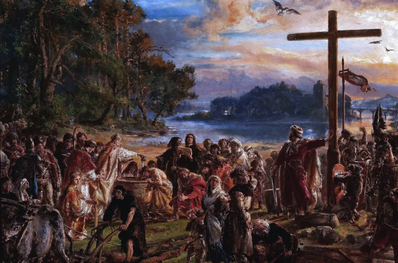 Obraz przedstawia chrzest Mieszka I nad rzeką, z krzyżem i tłumem ludzi.