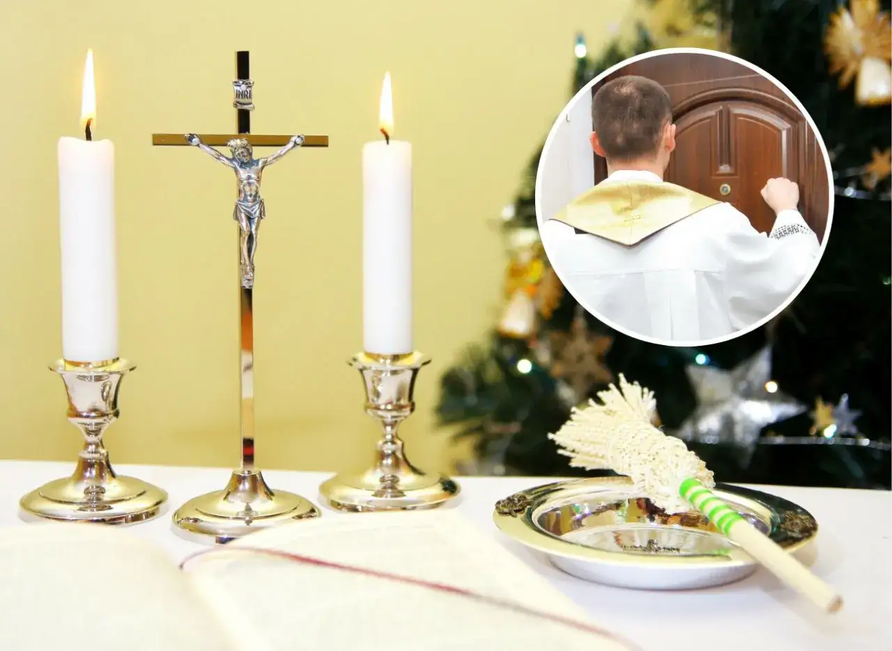Przygotowanie stołu na kolędę krzyż świece woda święcona