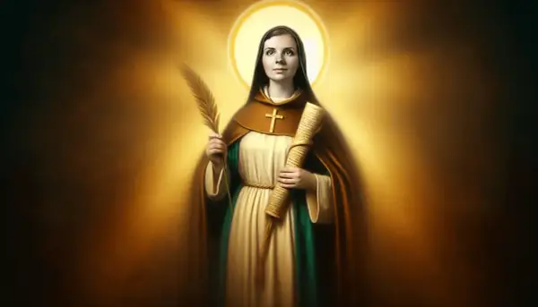 Święta Emilia w habicie z gałązką i zwojem, otoczona złotym blaskiem.