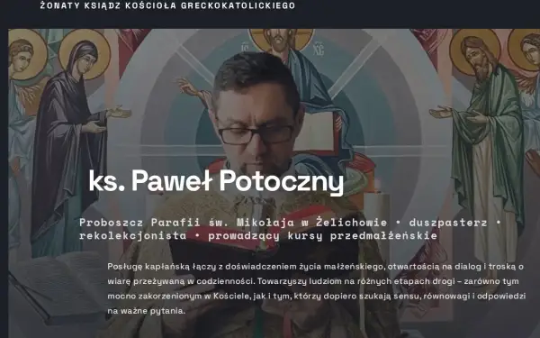 Ksiądz Paweł Potoczny w szatach liturgicznych, na tle ikonografii religijnej.