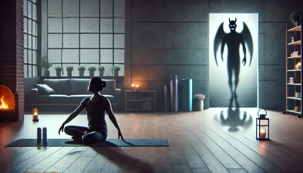 Kobieta medytuje na macie, a w tle widoczny jest cień demona.